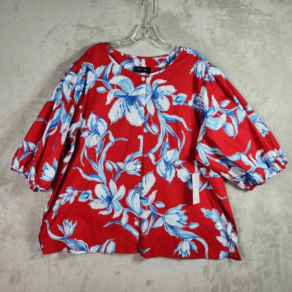 Karen Kane Tops - Karen Kane Button Front Shirt Womens 3X Red Blue Floral Puff Sleeve Boho Office